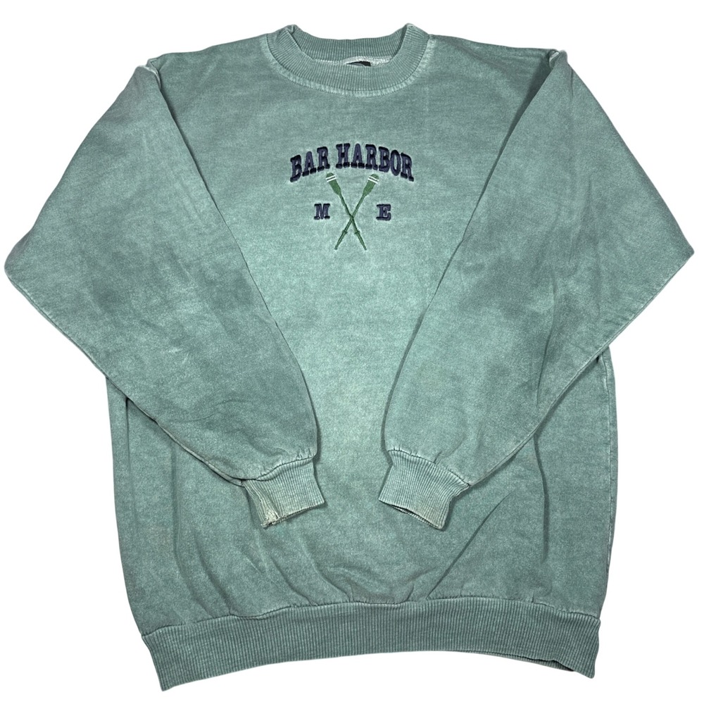 Vintage 90s Bar Harbor Maine Sweatshirt Teal Green Acid Wash Made in USA